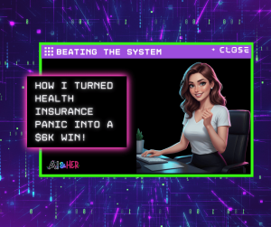 Digital illustration of a woman using AI to analyze insurance documents in a retro 90s computer interface. Text reads: Beating the System: How I turned health insurance panic into a $6k win. AI & Her Case Study.