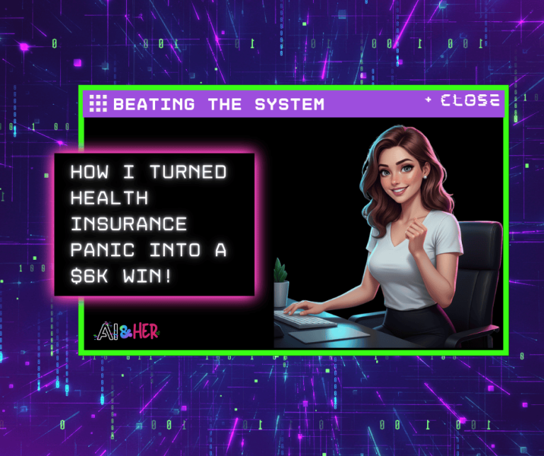 Digital illustration of a woman using AI to analyze insurance documents in a retro 90s computer interface. Text reads: Beating the System: How I turned health insurance panic into a $6k win. AI & Her Case Study.