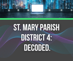 Laptop on a rooftop overlooking a city skyline with digital code overlay, above a title card that reads: St. Mary Parish District 4: Decoded.