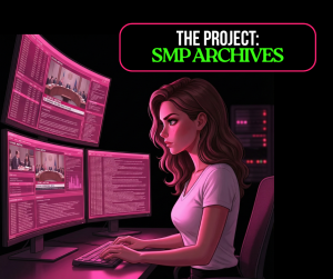Andrée Hebert working in a dark room with multiple screens displaying St. Mary Parish Council video feeds. Overlay text reads "THE PROJECT: SMP ARCHIVES" in a black box with a hot pink border.