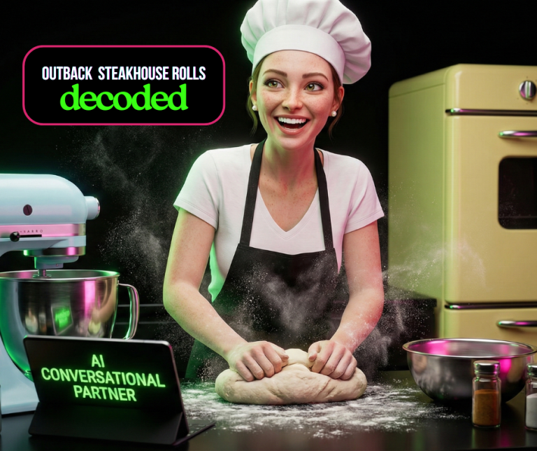 Digital Andrée (The Lead Operator) in a retro kitchen kneading dough, laughing, with flour in the air. The neon green screen reads "AI Conversational Partner." The image overlay reads "OUTBACK STEAKHOUSE ROLLS DECODED."