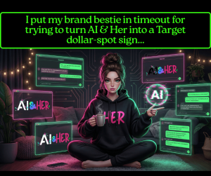 Digital Andrée sitting cross-legged in her cozy cave, wearing a black hoodie with pink “HER,” holding coffee and pointing at a glitching AI orb. Floating Gemini screens show the “Live Laugh Love” roast convo. Overlay text reads: “I put my brand bestie in timeout for trying to turn AI & Her into a Target dollar-spot sign…”