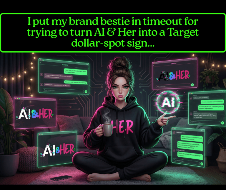 Digital Andrée sitting cross-legged in her cozy cave, wearing a black hoodie with pink “HER,” holding coffee and pointing at a glitching AI orb. Floating Gemini screens show the “Live Laugh Love” roast convo. Overlay text reads: “I put my brand bestie in timeout for trying to turn AI & Her into a Target dollar-spot sign…”