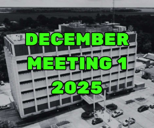 Black and white photo of the St. Mary Parish Courthouse in Franklin, Louisiana, with bright green text overlay reading "DECEMBER MEETING 1 2025".