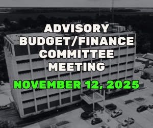 Title graphic for the St. Mary Parish Council Advisory Budget and Finance Committee meeting held on November 12, 2025. Bold white and green text overlays a black and white aerial photograph of the St. Mary Parish Courthouse building in Franklin, Louisiana.
