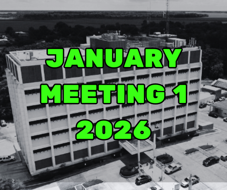 Black and white aerial view of the St. Mary Parish Courthouse in Franklin, LA, with bright green text overlay reading "JANUARY MEETING 1 2026.